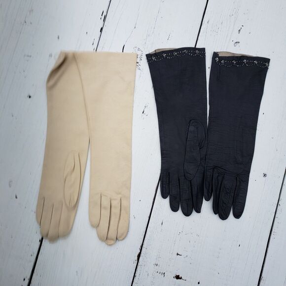 Vintage Glove set White & Black Mid Arm Length, Suede Like & Leather Pre-Owned